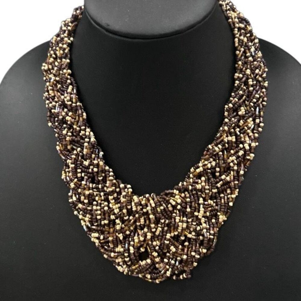 Vintage Woven Seed Bead Bib Necklace 16.5" Brown Beige Multi Inter-woven Strands - Picture 1 of 8